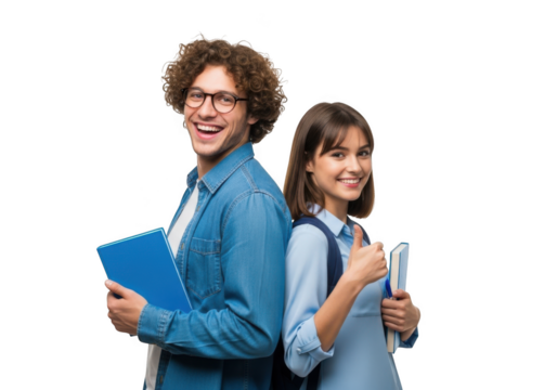 Smiling college students man and woman back to back holding books and giving thumbs up gesture isolated on transparent background