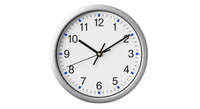 Isolated clock on a wall showing 10 past 2 showing time and minutes with silver frame