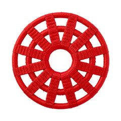 Obraz premium Red circular geometric pattern with woven symmetry and textured surface isolated on the transparent background