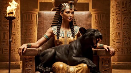 Egyptian Queen with Panther on Throne - An video depicts an Egyptian queen seated on a throne with a black panther at her side. - Powered by Adobe