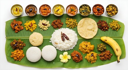 Top view of Traditional South Indian banana leaf meal with rice, curries, sambar, chutneys, papad, and banana served for Thai pongal or wedding feast.