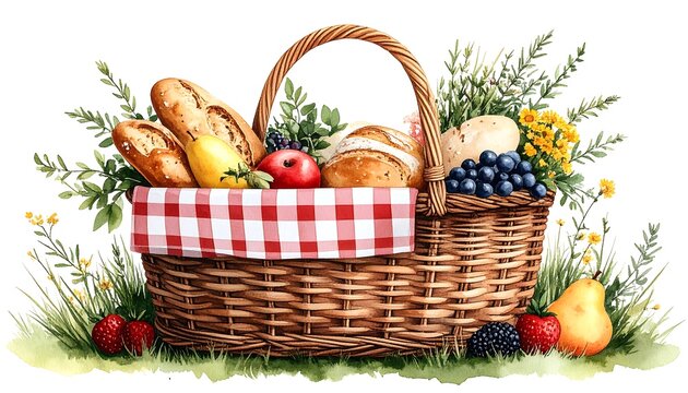 Picnic basket filled with fresh produce and bread
