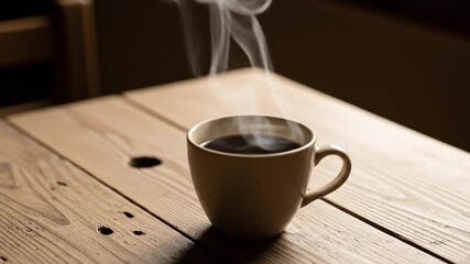 Steaming coffee on rustic wooden table, a moment of calm and warmth in a busy day, ideal for lifestyle, food blogs, or promoting cozy cafes and coffee shops