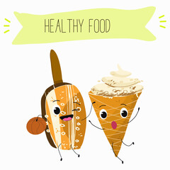 Tasty ice creams, ice-cream cones and popsicle, funny characters, hand drawn vector illustration.