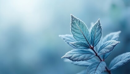 Macro photo of blue sage leaves covered in frost. Soft focus background with delicate ice crystals on plant foliage. Nature detail in cool, muted tones.