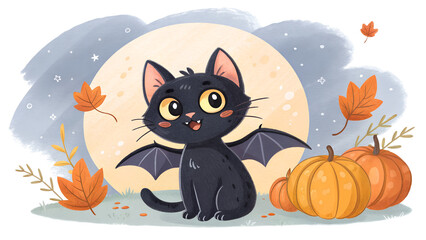 Adorable black cat with bat wings halloween spooky watercolor Vector.