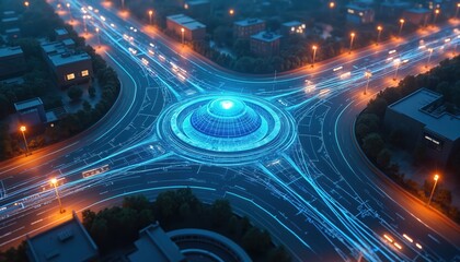 Illustration shows modern city intersection with intelligent traffic management. Futuristic lights, lines depict data flow. Tech represents smart city infrastructure. Automated traffic control