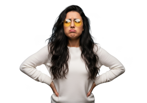 Sad woman with yellow glasses, hands on hips, upset expression, portrait photography, png image, isolated on transparent background