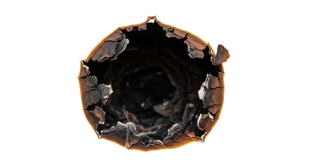 Abstract burnt paper with charred edges on background dramatic macro texture of scorched material isolated on transparent background