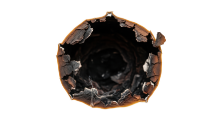 Abstract burnt paper with charred edges on background dramatic macro texture of scorched material isolated on transparent background