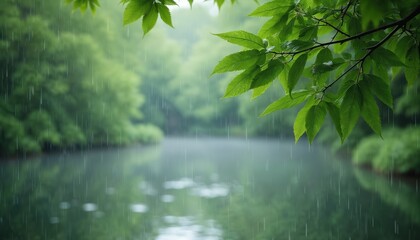 Naklejka premium Photo shows rain falling over lake in park. Green foliage surrounds water. Leaves branch out at the top. Peaceful scene demonstrates nature beauty and tranquility.