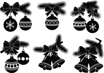 Black silhouette Christmas ornaments with bows, pine branches, bells, and festive baubles vector decoration design for holiday celebration illustration.