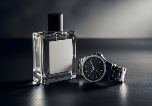 Illustration of elegant perfume bottle and watch on dark surface in moody lighting