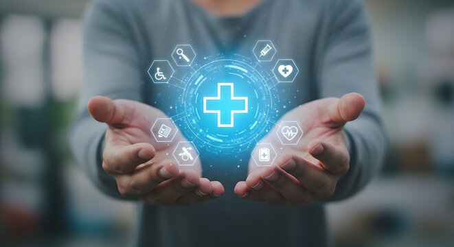 Healthcare network visualization with a central glowing cross surrounded by icons, offered in cupped hands.