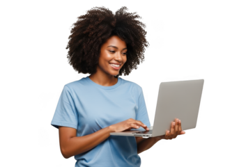 Smiling african american woman working on laptop, business, education, technology, isolated on transparent background