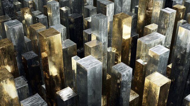 Textured, metallic abstract composition showcases numerous vertically oriented rectangular prisms with varying heights and shades of gray and gold.