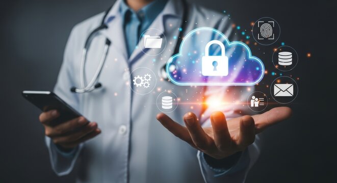 Doctor using cloud computing for medical data security