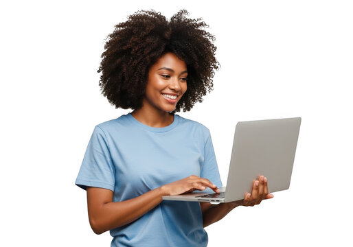Smiling african american woman working on laptop, business, education, technology, isolated on transparent background