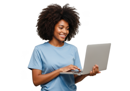 Smiling african american woman working on laptop, business, education, technology, isolated on transparent background