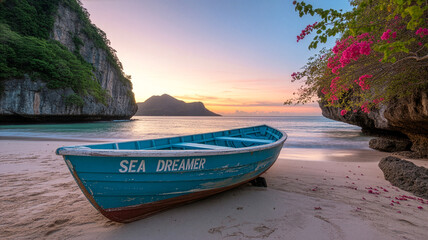 Tranquil Beach Scene with Blue Boat and Stunning Sunset at a Tropical Island Paradise