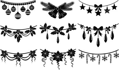 Christmas garland ornament vector illustration set with bells stars holly leaves poinsettia candy canes snowflakes bows festive decorative elements