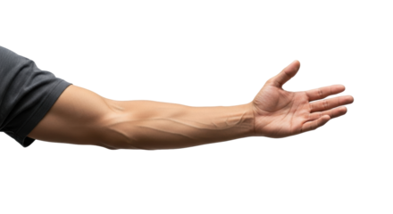 Isolated human arm reaching out, extended hand ready to offer help, invite or gesture with ease