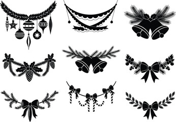 Christmas garland and festive ornament silhouette set with bells, bows, pine, holly, and candy canes for holiday decoration.