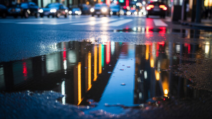 Urban night reflections in a puddle on city street with blurred traffic and vibrant colorful lights