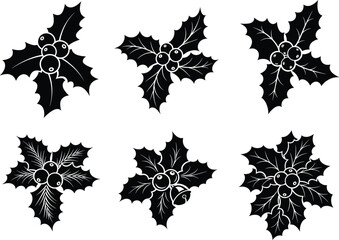 Christmas holly leaf silhouette vector set with festive berry decoration, winter holiday ornament elements, seasonal design, celebration and decorative artwork