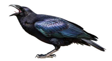Isolated large raven standing open beak calling noisy iridescence plumage bird wildlife