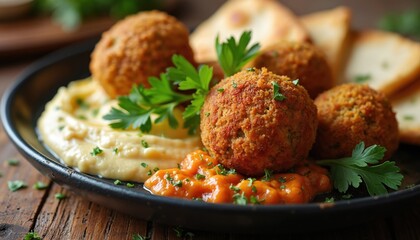 Crispy falafel balls with creamy hummus and pita bread served on dark plate with herbs and sauce. Healthy Mediterranean meal preparation for lunch or dinner.