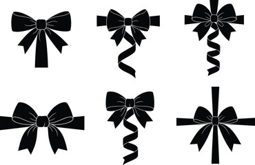 Elegant black bow ribbon silhouette set collection isolated vector design decoration for gift wrapping, festive celebration, wedding, birthday, Christmas.
