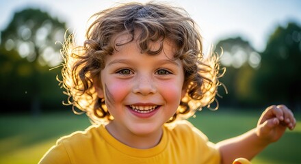 Portrait of a happy young boy with curly hair smiling outdoors in a park during golden hour sunshine