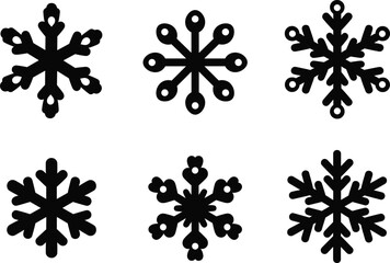 Collection of black snowflake silhouette icons, winter season vector decoration elements for Christmas, holiday design, festive ornaments, cold weather background.