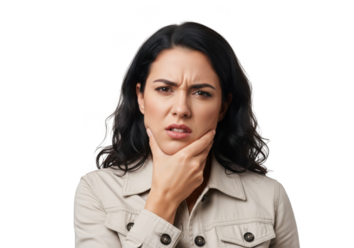 Worried woman touching her face, stress, anxiety, depression, headache, pain, sadness, concern, isolated on transparent background