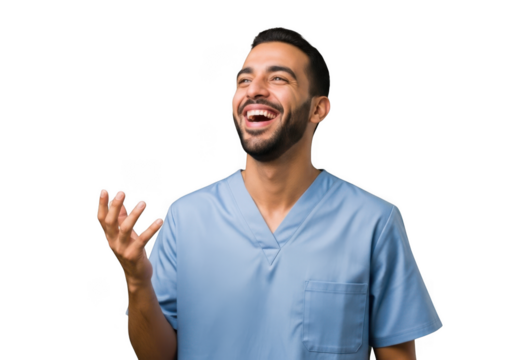 Happy smiling male nurse doctor medical professional looking upward gesturing isolated on transparent background