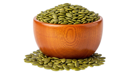 Isolated wooden bowl of green hulled pumpkin seeds close up healthy snack ingredient