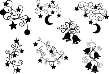 Elegant Christmas bells, stars, and moon decorative swirl vector set, festive holiday ornament collection for seasonal greeting cards and designs