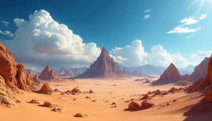 Naklejka premium Vast desert landscape with orange sand, sculpted rocky formations under bright blue sky with scattered white clouds. Distant mountains form hazy horizon, suggesting arid, remote, wild environment.