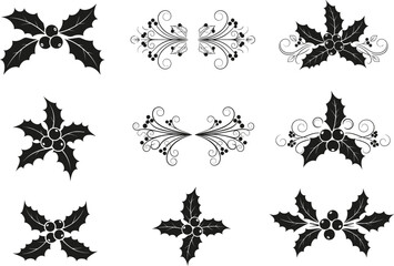 Elegant Christmas holly leaves and berries decorative vector set, vintage festive ornament collection for holiday design, invitations, greeting cards, decorations