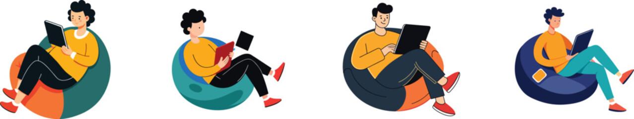 Relaxed person using digital tablet while lounging on comfy bean bag chair vector