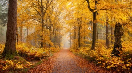 Fototapeta premium A tranquil forest path meanders through trees adorned with bright yellow and orange leaves. Morning fog enhances the serene ambiance, inviting peaceful strolls amidst nature.