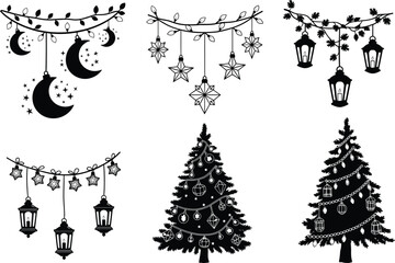 Festive Christmas Trees and Hanging Decorations Vector Set – Holiday Lanterns, Stars, Moons, Ornaments for Winter Celebration Designs