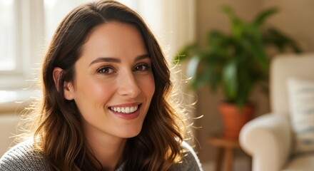 Portrait of a beautiful woman smiling with perfect teeth and brown hair in a bright and airy room setting