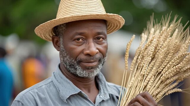 Harvest Bounty: A seasoned farmer, wearing a straw hat, cradles golden wheat in his arms, embodying the essence of rural life.
