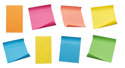 Assorted colorful sticky notes floating organized composition for reminders and planning isolated on transparent background