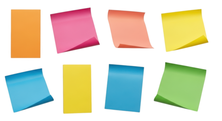 Assorted colorful sticky notes floating organized composition for reminders and planning isolated on transparent background