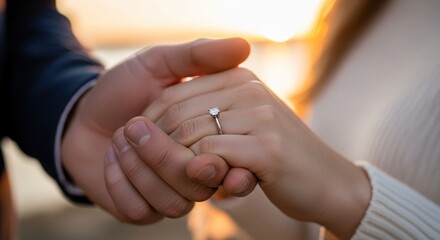 Engagement ring close up, couple holding hands, proposal at sunset, wedding jewelry, love and commitment