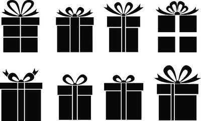Set of black silhouette gift box icons with bows and ribbons, vector present symbols for celebration, holiday, party, Christmas design.