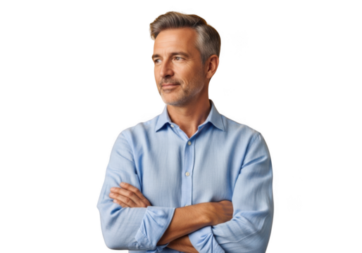Confident mature businessman with arms crossed looking away stock photo portrait isolated on transparent background